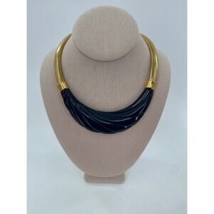 Monet Runway Deco Modernist Necklace Bblack Molded Lucite GP Flex Chain 80s